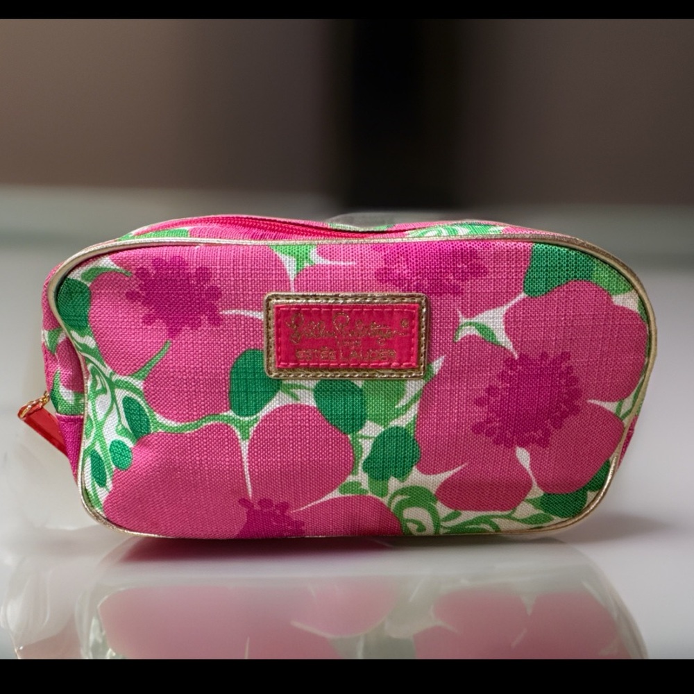 Lilly Pulitzer For Estée Lauder Pink & Green Floral Zipper Makeup Cosmetic Bag